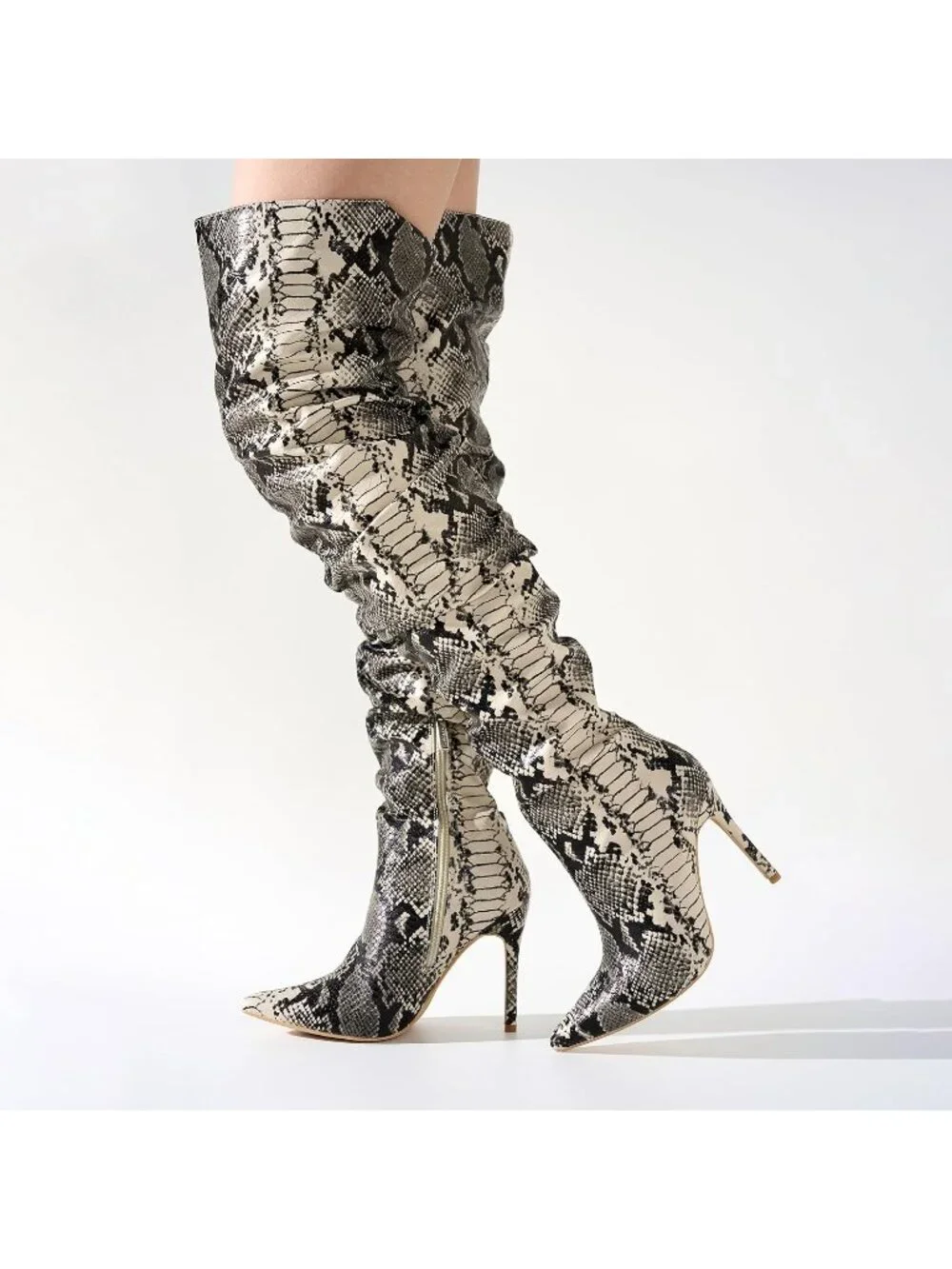 Women's Snake Pointed Toe Thigh High Stiletto Heels Slouchy Over-the-Knee Boots